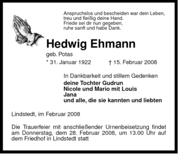 Traueranzeige von Hedwig Ehmann von ALLGEMEINE ZEITUNG UELZEN