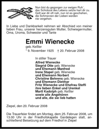 Traueranzeige von Emmi Wienecke von ALLGEMEINE ZEITUNG UELZEN