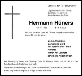 Traueranzeige von Hermann Hüners von ALLGEMEINE ZEITUNG UELZEN