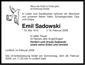 Traueranzeige von Emil Sadowski von ALLGEMEINE ZEITUNG UELZEN