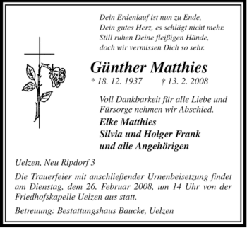 Traueranzeige von Günther Matthies von ALLGEMEINE ZEITUNG UELZEN