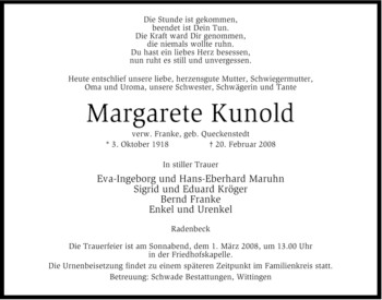 Traueranzeige von Margarete Kunold von ALLGEMEINE ZEITUNG UELZEN