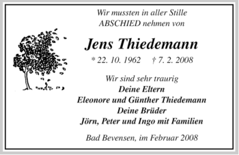 Traueranzeige von Jens Thiedemann von ALLGEMEINE ZEITUNG UELZEN