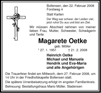 Traueranzeige von Magarete Oetke von ALLGEMEINE ZEITUNG UELZEN