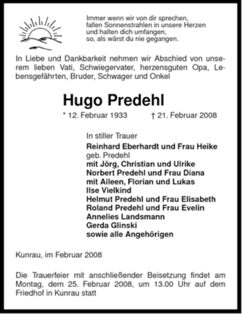 Traueranzeige von Hugo Predehl von ALLGEMEINE ZEITUNG UELZEN