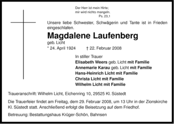 Traueranzeige von Magdalene Laufenberg von ALLGEMEINE ZEITUNG UELZEN