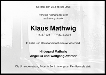 Traueranzeige von Klau Mathwig von ALLGEMEINE ZEITUNG UELZEN