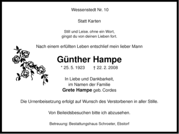 Traueranzeige von Günter Hampe von ALLGEMEINE ZEITUNG UELZEN