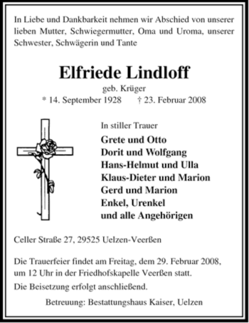 Traueranzeige von Elfriede Elfriede von ALLGEMEINE ZEITUNG UELZEN