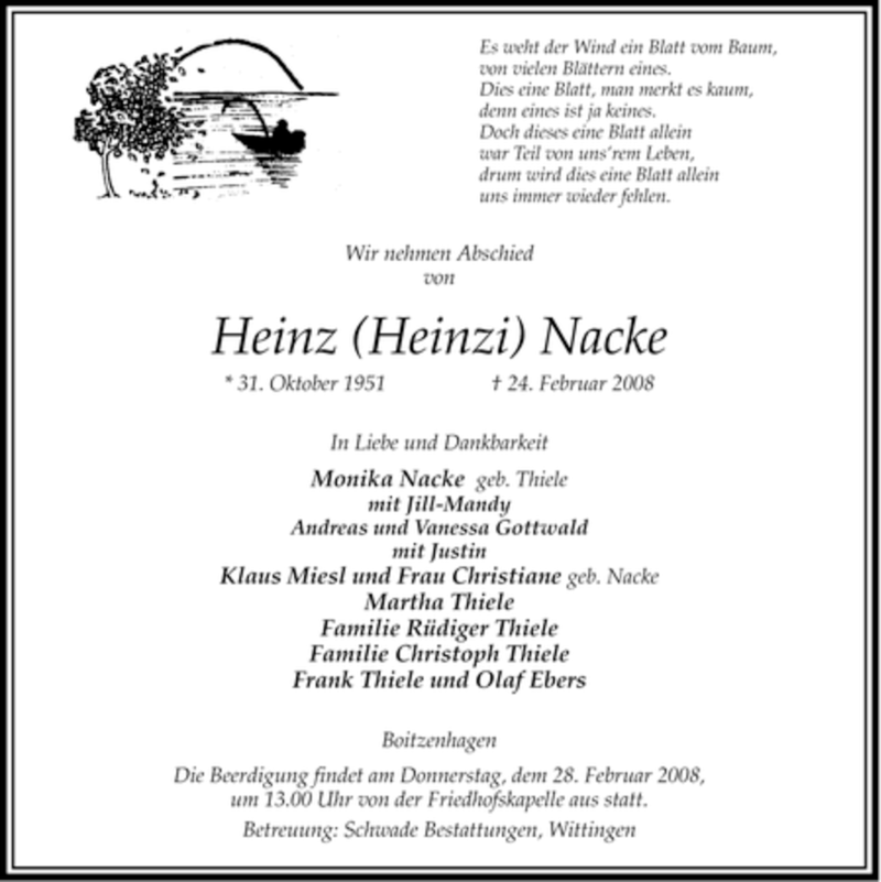  Traueranzeige für Heinz Nacke vom 26.02.2008 aus ALLGEMEINE ZEITUNG UELZEN