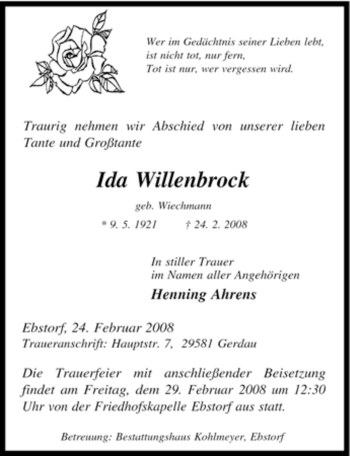 Traueranzeige von Ida Willenbrock von ALLGEMEINE ZEITUNG UELZEN