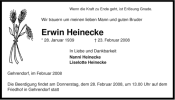 Traueranzeige von Erwin Heinecke von ALLGEMEINE ZEITUNG UELZEN