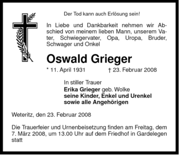 Traueranzeige von Oswald Grieger von ALLGEMEINE ZEITUNG UELZEN