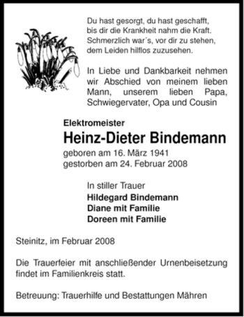 Traueranzeige von Heinz-Dieter Bindemann von ALLGEMEINE ZEITUNG UELZEN