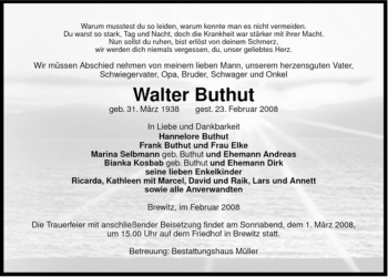 Traueranzeige von Walter Buthut von ALLGEMEINE ZEITUNG UELZEN