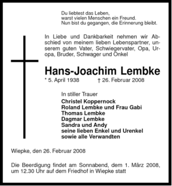 Traueranzeige von Hans-Joachim Lembke von ALLGEMEINE ZEITUNG UELZEN