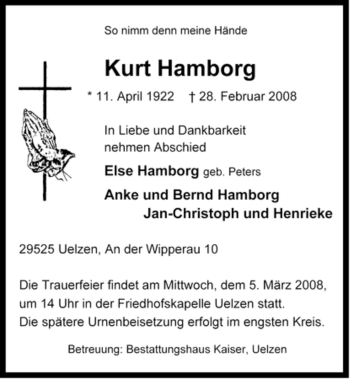 Traueranzeige von Kurt Hamborg von ALLGEMEINE ZEITUNG UELZEN