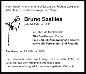 Traueranzeige von Szallies Bruno von ALLGEMEINE ZEITUNG UELZEN