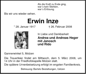 Traueranzeige von Erwin Inze von ALLGEMEINE ZEITUNG UELZEN