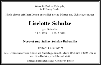 Traueranzeige von Liselotte Schulze von ALLGEMEINE ZEITUNG UELZEN