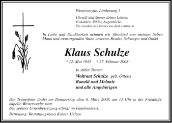Traueranzeige von Klaus Shulze von ALLGEMEINE ZEITUNG UELZEN