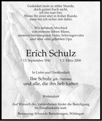 Traueranzeige von Erich Schulz von ALLGEMEINE ZEITUNG UELZEN