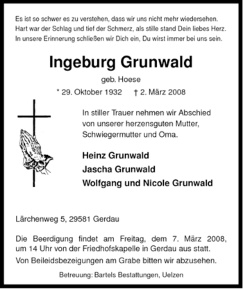 Traueranzeige von Ingeburg Grunwald von ALLGEMEINE ZEITUNG UELZEN