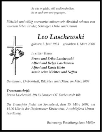 Traueranzeige von Leo Laschewski von ALLGEMEINE ZEITUNG UELZEN