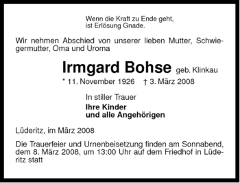 Traueranzeige von Irmgard Bohse von ALLGEMEINE ZEITUNG UELZEN