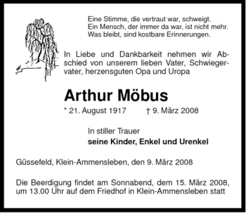 Traueranzeige von Arthur Möbus von ALLGEMEINE ZEITUNG UELZEN