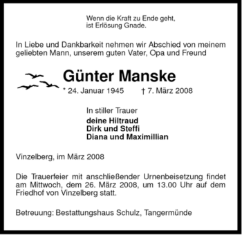 Traueranzeige von Günter Manske von ALLGEMEINE ZEITUNG UELZEN