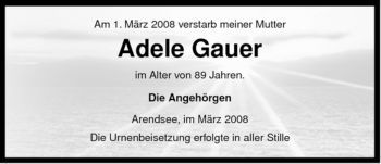 Traueranzeige von Adele Gauer von ALLGEMEINE ZEITUNG UELZEN