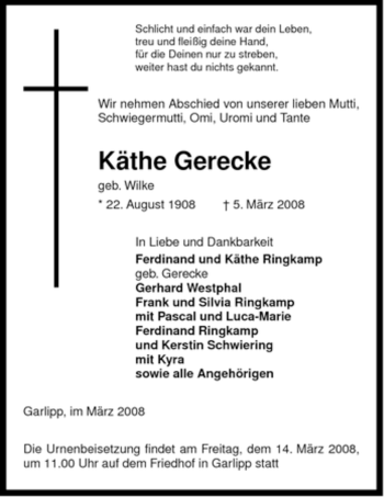 Traueranzeige von Käthe Gerecke von ALLGEMEINE ZEITUNG UELZEN