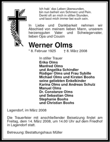 Traueranzeige von Werner Olms von ALLGEMEINE ZEITUNG UELZEN