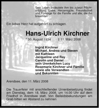 Traueranzeige von Hans-Ulrich Kirchner von ALLGEMEINE ZEITUNG UELZEN