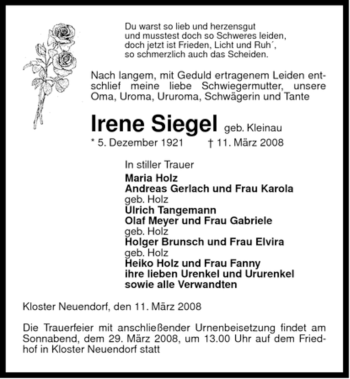 Traueranzeige von Irene Siegel von ALLGEMEINE ZEITUNG UELZEN