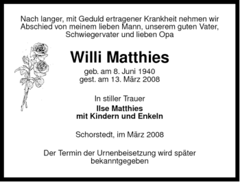 Traueranzeige von Willi Matthies von ALLGEMEINE ZEITUNG UELZEN