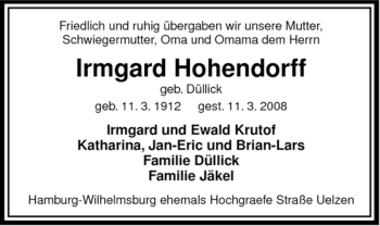 Traueranzeige von Irmgard Hohendorff von ALLGEMEINE ZEITUNG UELZEN