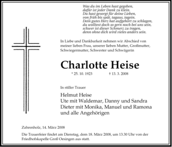 Traueranzeige von Charlotte Heise von ALLGEMEINE ZEITUNG UELZEN