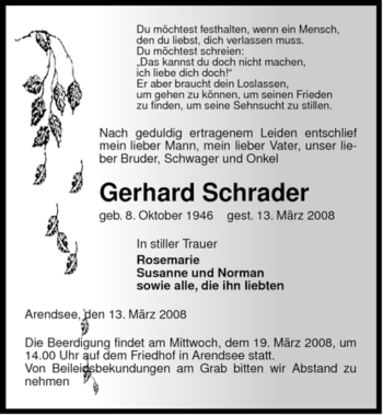 Traueranzeige von Gerhard Schrader von ALLGEMEINE ZEITUNG UELZEN