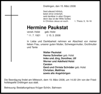 Traueranzeige von Hermine Paukstat von ALLGEMEINE ZEITUNG UELZEN