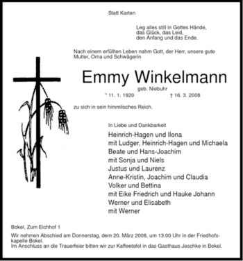 Traueranzeige von Emmy Winkelmann von ALLGEMEINE ZEITUNG UELZEN