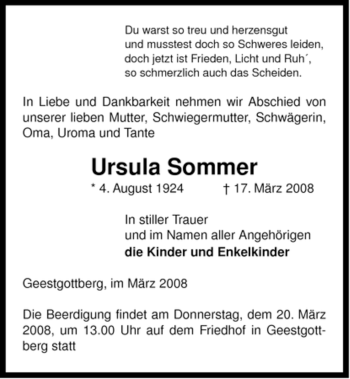 Traueranzeige von Ursula Sommer von ALLGEMEINE ZEITUNG UELZEN