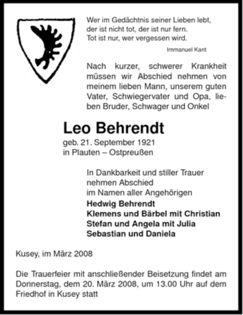 Traueranzeige von Leo Behrendt von ALLGEMEINE ZEITUNG UELZEN