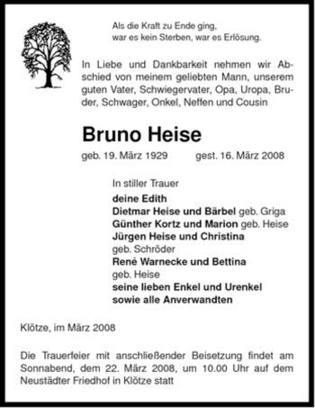 Traueranzeige von Bruno Heise von ALLGEMEINE ZEITUNG UELZEN
