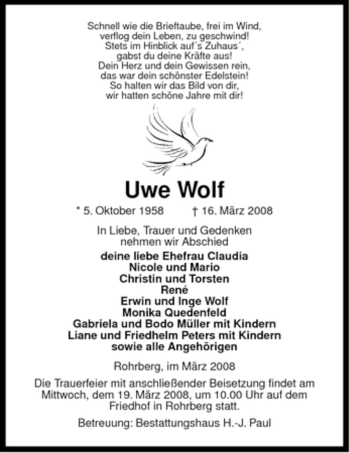 Traueranzeige von Uwe Wolf von ALLGEMEINE ZEITUNG UELZEN