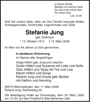 Traueranzeige von Stefanie Jung von ALLGEMEINE ZEITUNG UELZEN