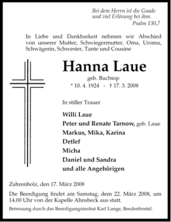 Traueranzeige von Hanna Laue von ALLGEMEINE ZEITUNG UELZEN