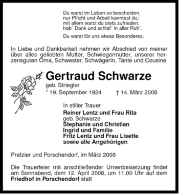 Traueranzeige von Gertraud Schwarze von ALLGEMEINE ZEITUNG UELZEN