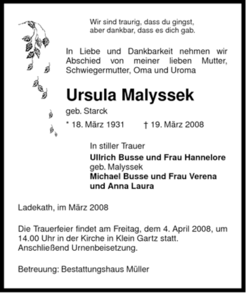 Traueranzeige von Ursula Malyssek von ALLGEMEINE ZEITUNG UELZEN